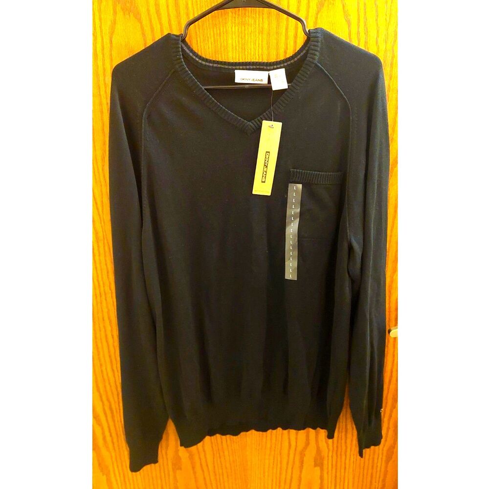 NWT DKNY Jeans Mens V-Neck Sweater Size Large L Solid Black Ribbed Pocket